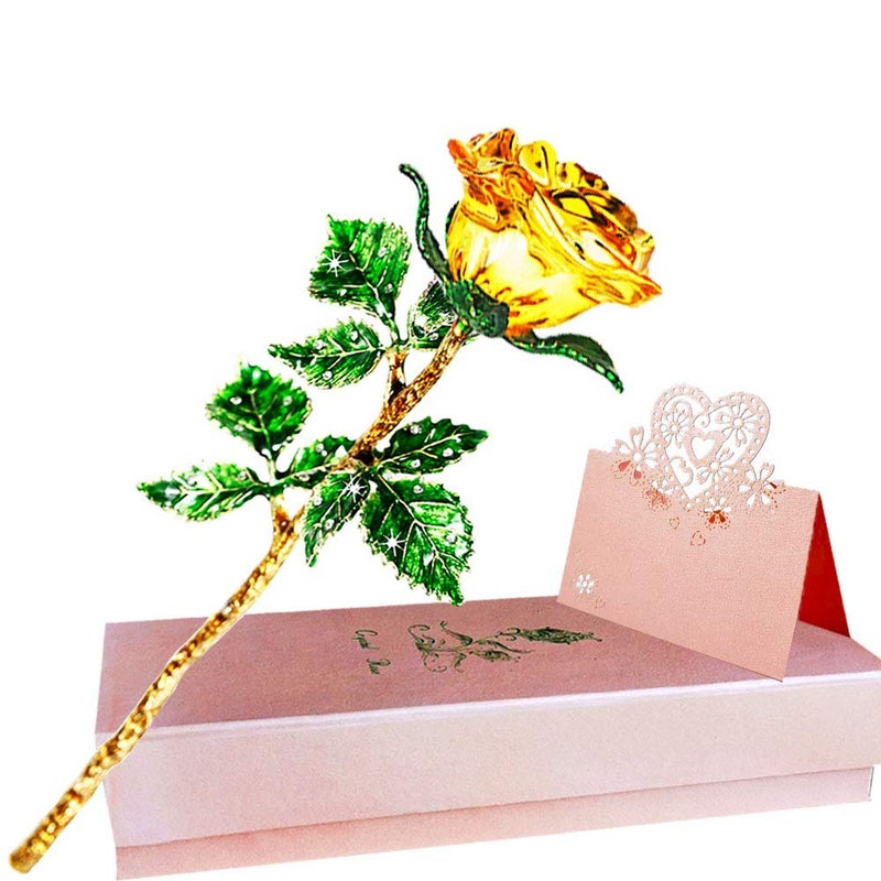 SWEETIME Yellow Rose Gift for Her, K9 Crystal Rose with Wish Card, 3D Glass Rose Eternal Flower, Crystal Figurine for Women on Birthday, Mother's Day,Wedding, Anniversary, Valentine's Day, Chrismas. - Image 1